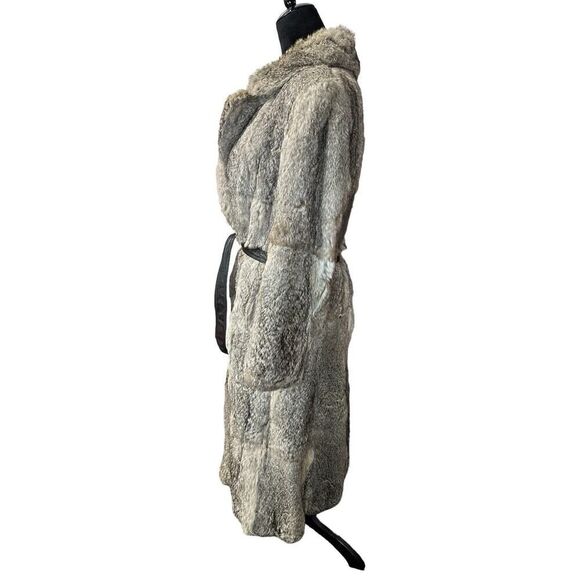 Real Rabbir Fur Long Grey beltrd Coat Small - Picture 7 of 16